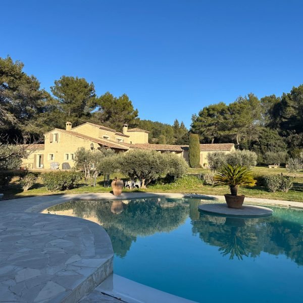 Le Mas des Chevriers – Les Baux-de-Provence Piscine entourée de verdure et de roches, offrant un cadre typiquement provençal